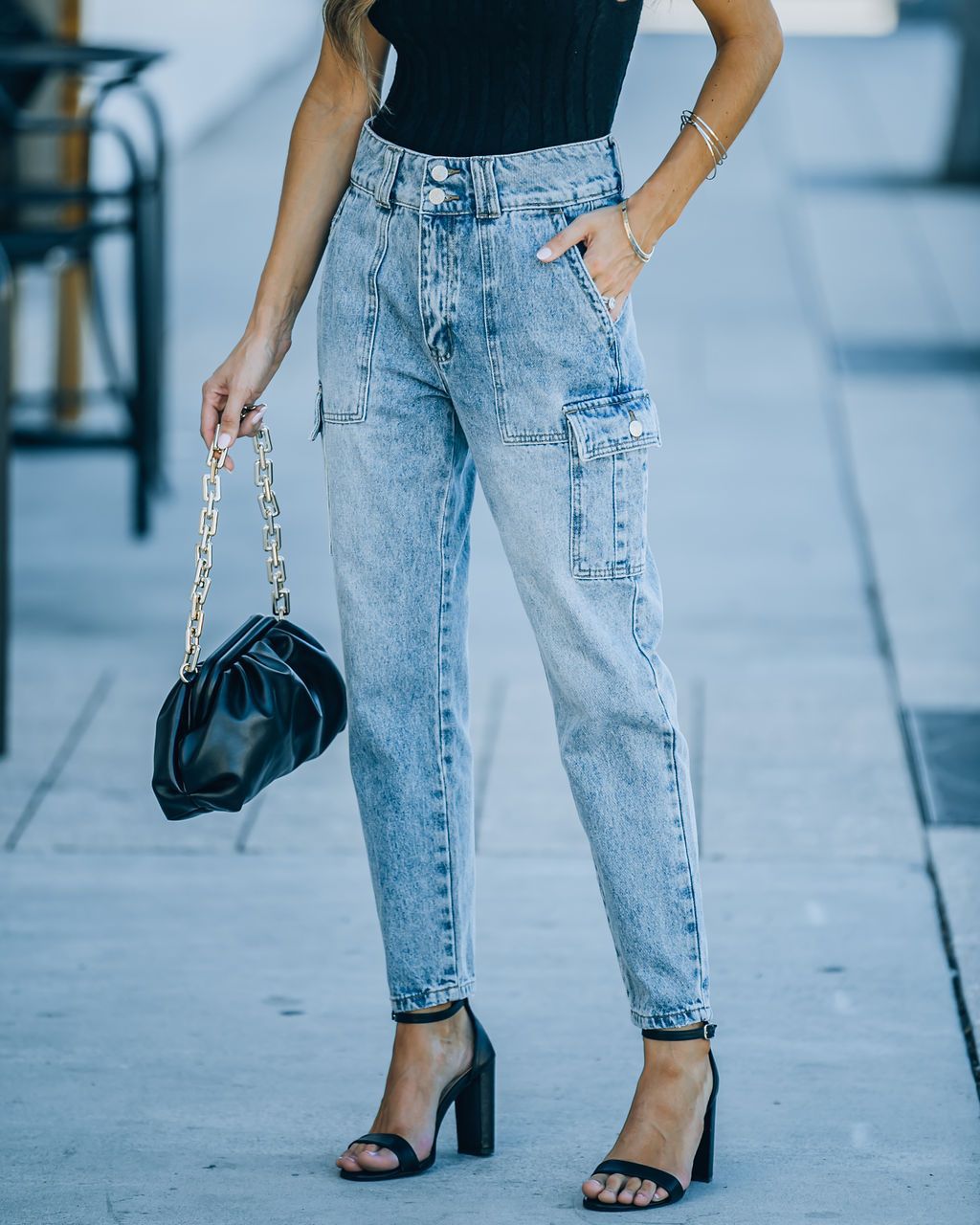 Trendy High-Waisted Light Blue Cargo Jeans
