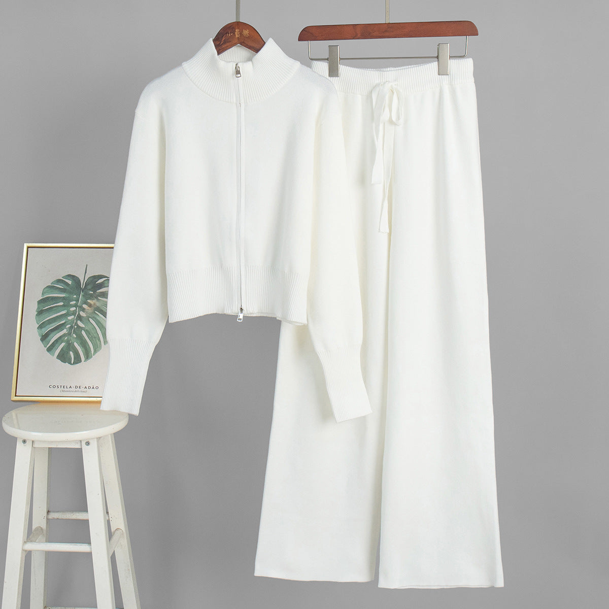 Chic Knitted Zipper Cardigan and Pants Set