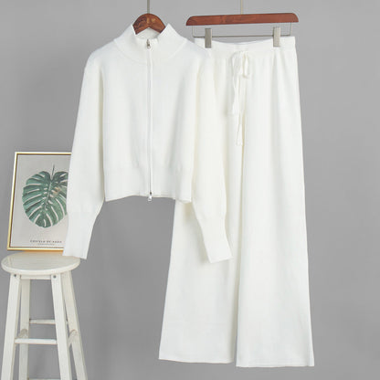 Chic Knitted Zipper Cardigan and Pants Set