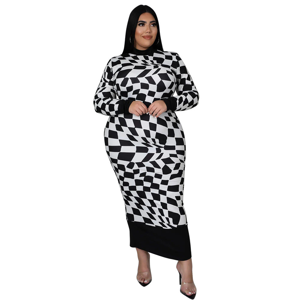 Checkered Print Long Sleeve Dress Elegant Style