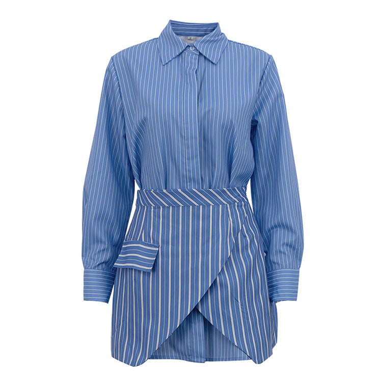 Fashionable Striped Two-Piece Skirt Set with Long Sleeve Shirt