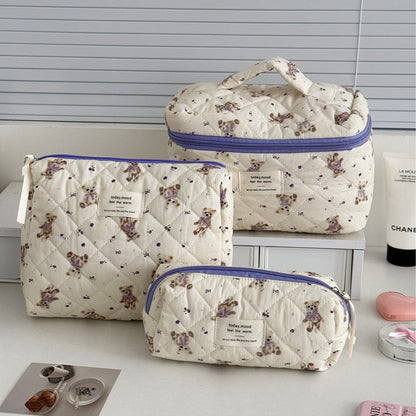 Bow Flower Large Capacity Makeup Bag Vintage Quilted Toiletry Pouch