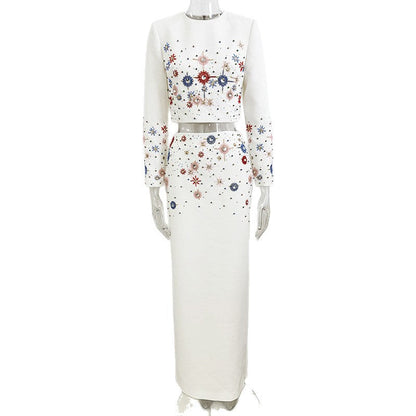 Short Top And Long Skirt Set With Beads And Rhinestones
