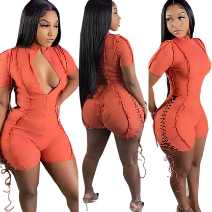 Trendy Casual Solid Color Short Sleeve Jumpsuit