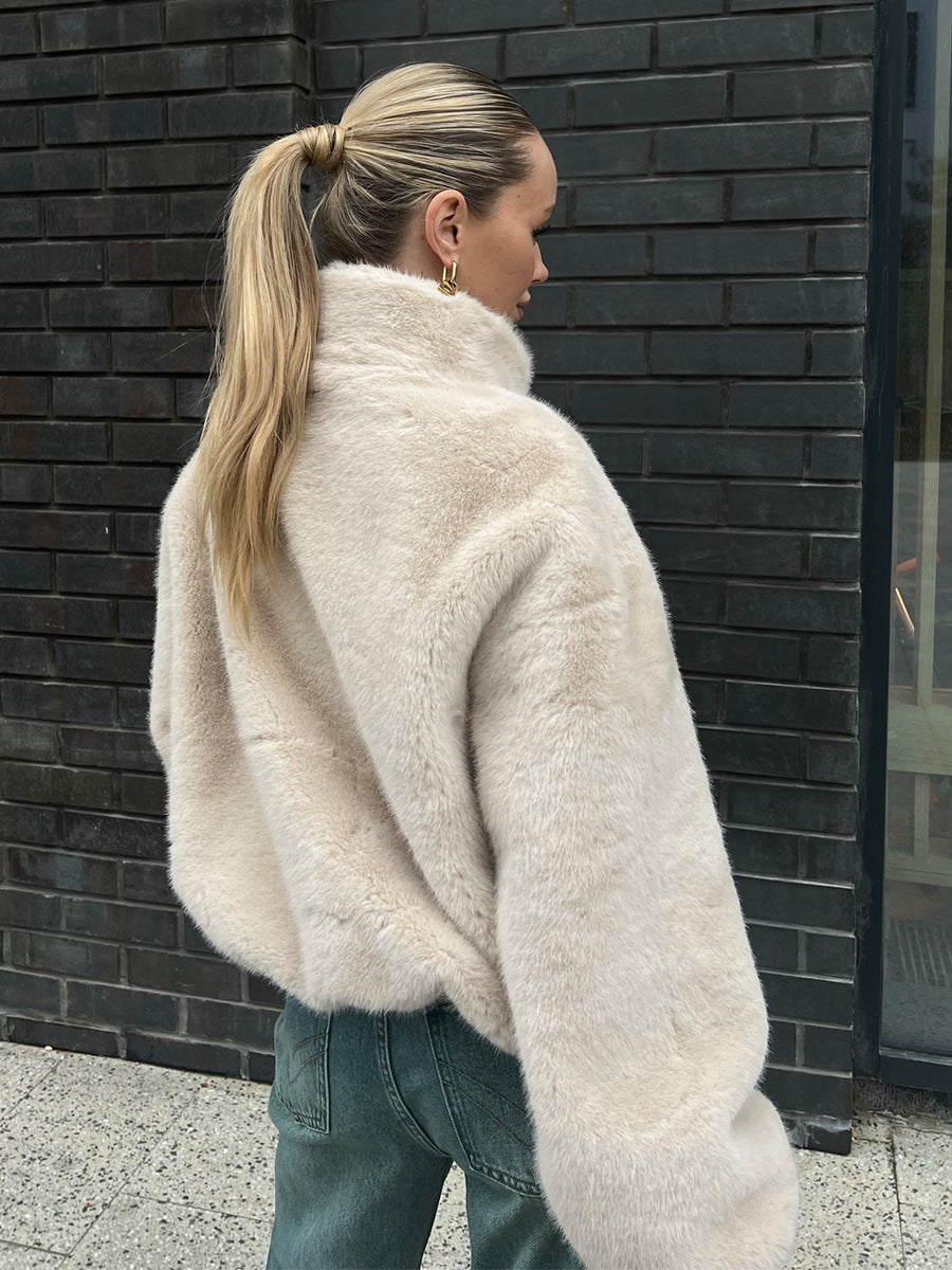 Women's Stand Collar Plush Jacket with Zipper Casual Outerwear