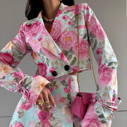 Digital Print Fashion Two-Piece Skirt Set with Button Detail