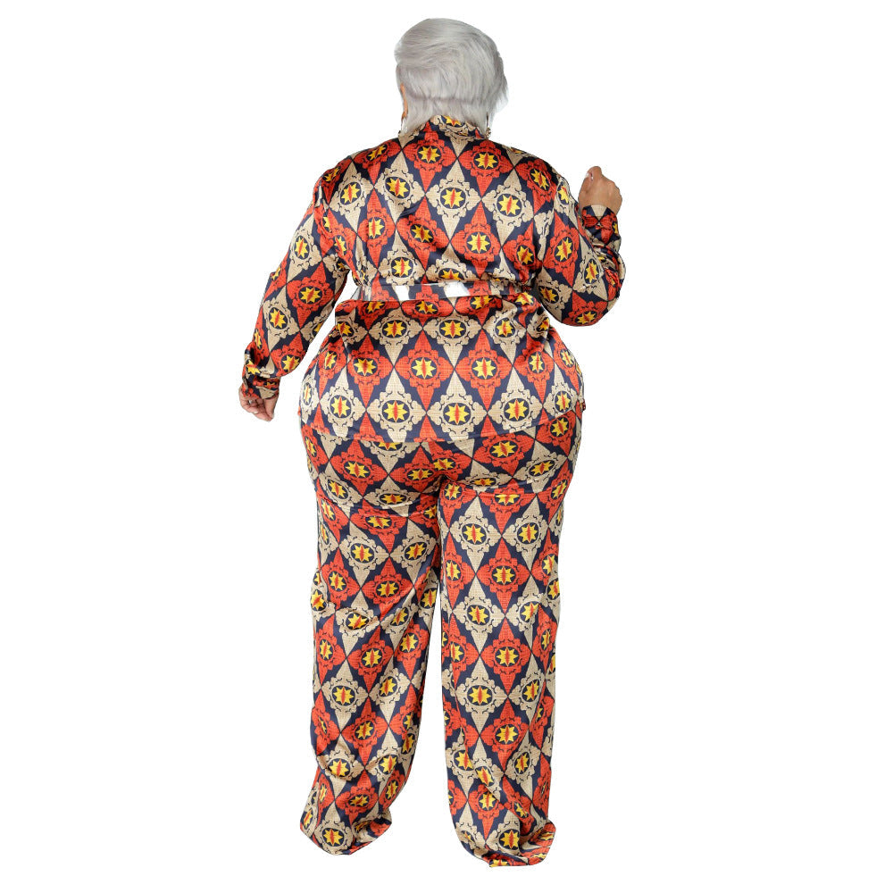 Plus Size Floral Print Silk Feel Long Sleeve Outfit