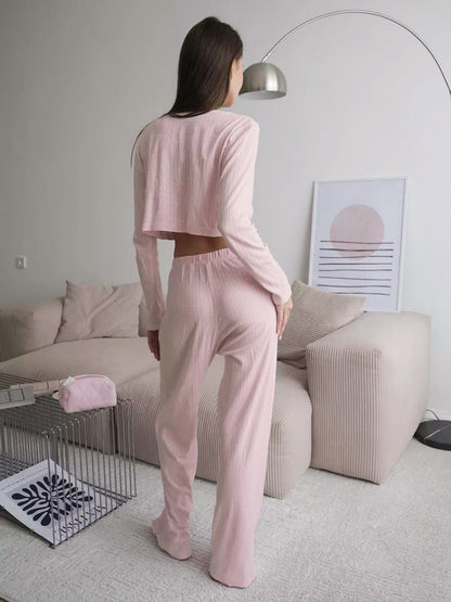 Solid Color Knit Long Sleeve Sleepwear Set