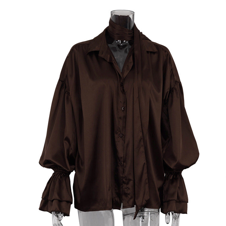 Bell Sleeve Lapel Satin Shirt For Women