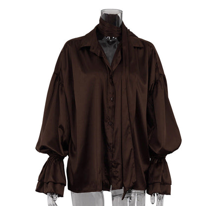 Bell Sleeve Lapel Satin Shirt For Women