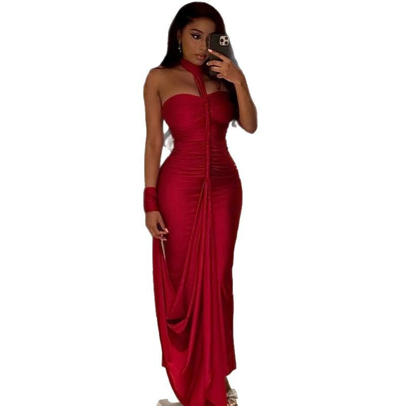 Solid Color Backless Strapless Bodycon Dress Elegant Style