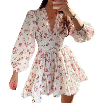 Floral Lace Short Dress With V-Neckline and Lantern Sleeves