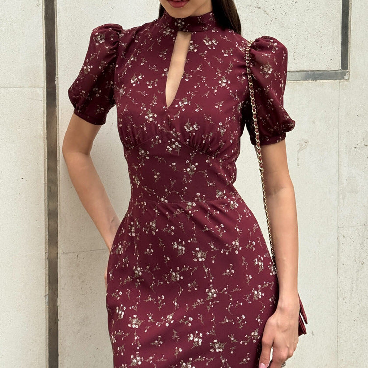Elegant Floral Midi Dress With Hollow Out Design