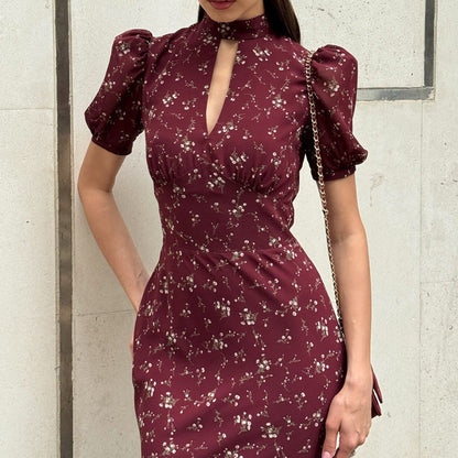 Elegant Floral Midi Dress With Hollow Out Design