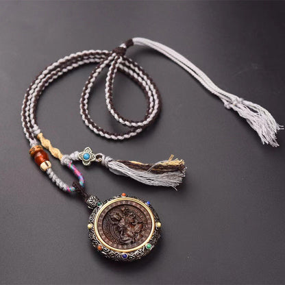Women'S Versatile Retro Necklace National Jewelry Wood Nine Tailed Fox Zhajilam Green Tara Thangka Necklace