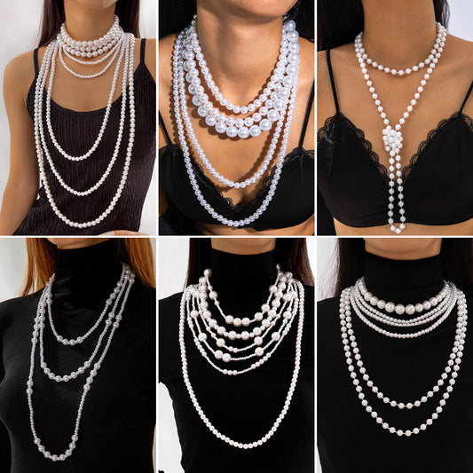 Fashionable Vintage Geometric Bead Necklace With Pearl Layered Design