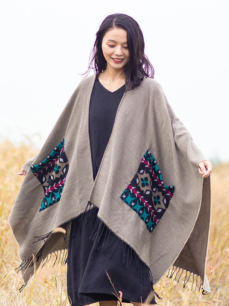 Open Fork Pockets Fethnic  Scarf Women With Spring And Autumn Outside With Air-Conditioned Shawl Cloak