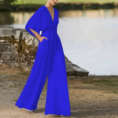 Trendy Solid Color Jumpsuit With Half Sleeves