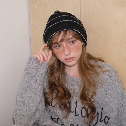 Striped Knit Beanie Hat Soft Wool Blend Casual Winter Hat