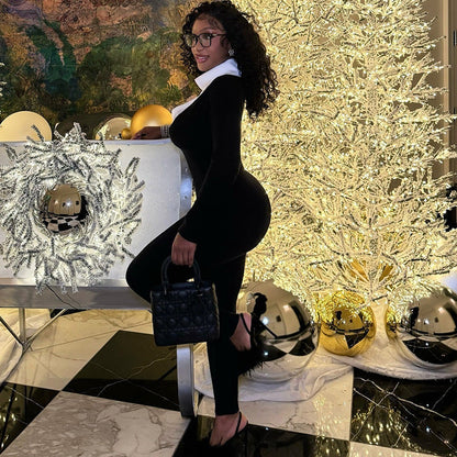 Sleek Elegant Women'S Jumpsuit With Zipper Long Sleeve White U-Neck