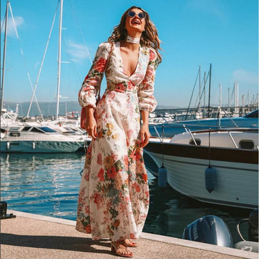 Deep V Long Sleeve Print Dress