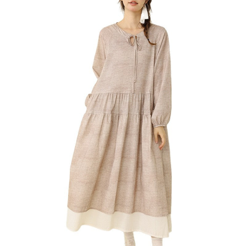 Polka Dot Long Cotton-Linen Dress Casual A-Line Dress