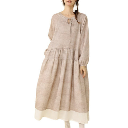 Polka Dot Long Cotton-Linen Dress Casual A-Line Dress
