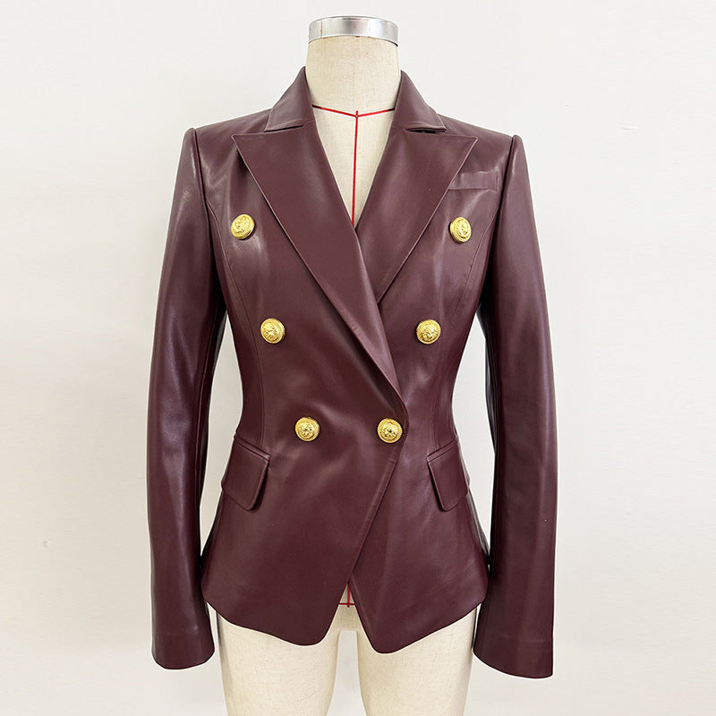 Burgundy Pu Leather Blazer Elegant Chic Jacket