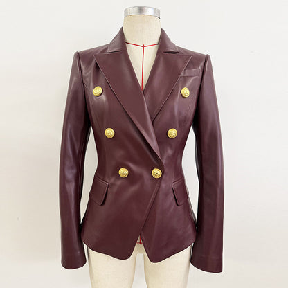 Burgundy Pu Leather Blazer Elegant Chic Jacket