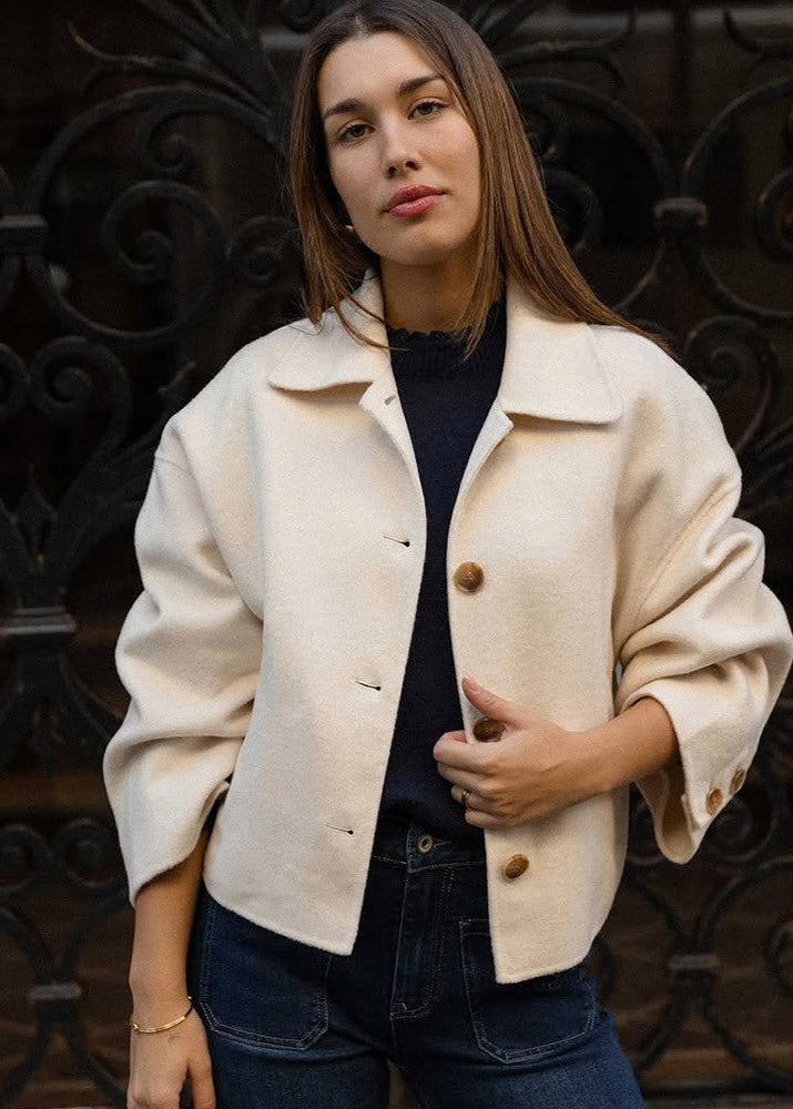 Cropped Wool Blend Jacket With Oversized Sleeves
