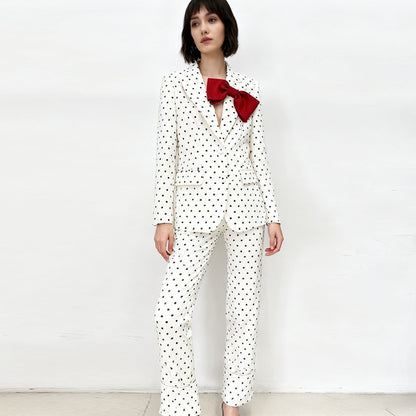 Polka Dot Blazer And Trousers Set With Bow Decoration