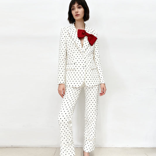Polka Dot Blazer And Trousers Set With Bow Decoration