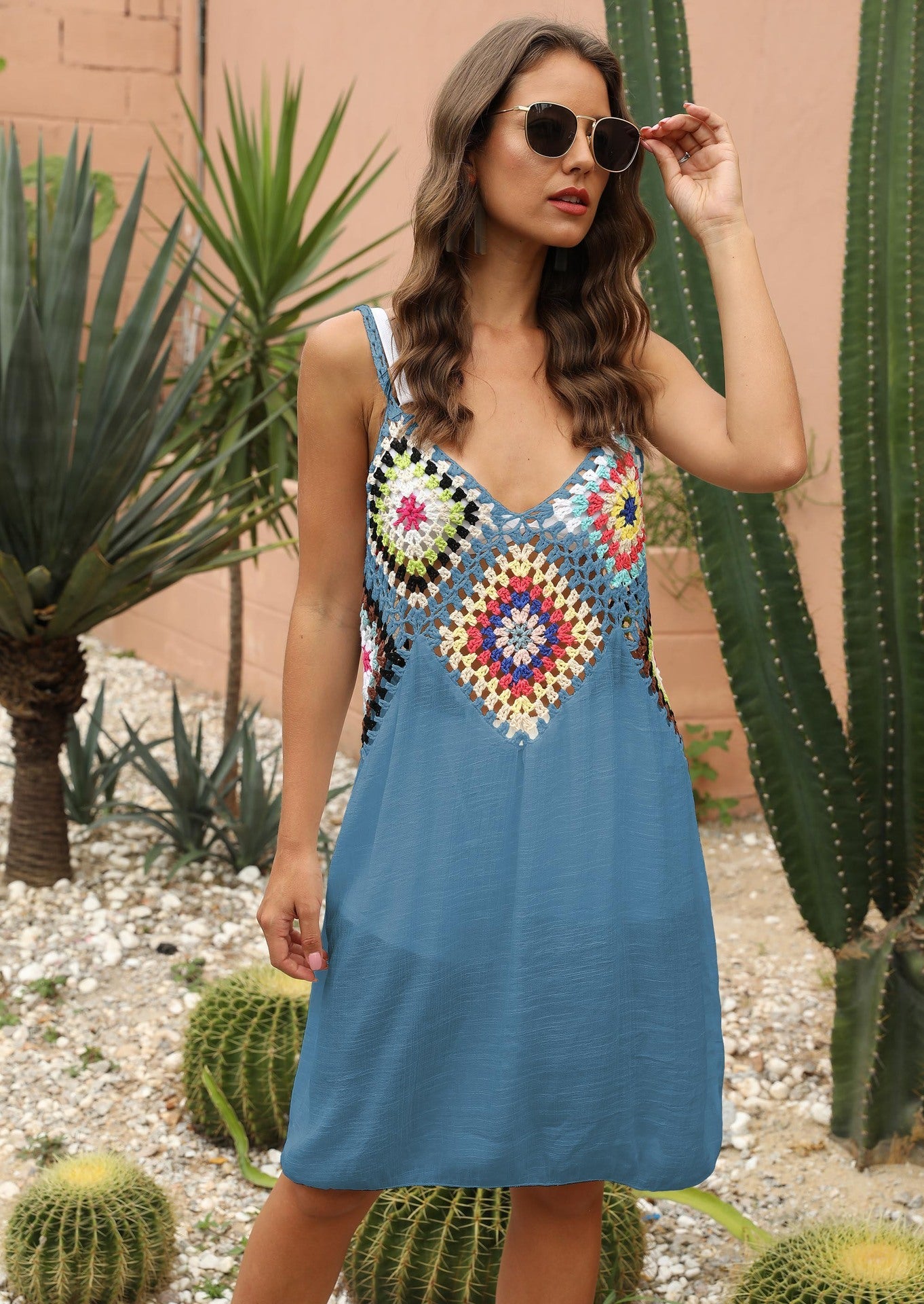 Mixed Color Hand-Crocheted Patchwork Camisole Dress