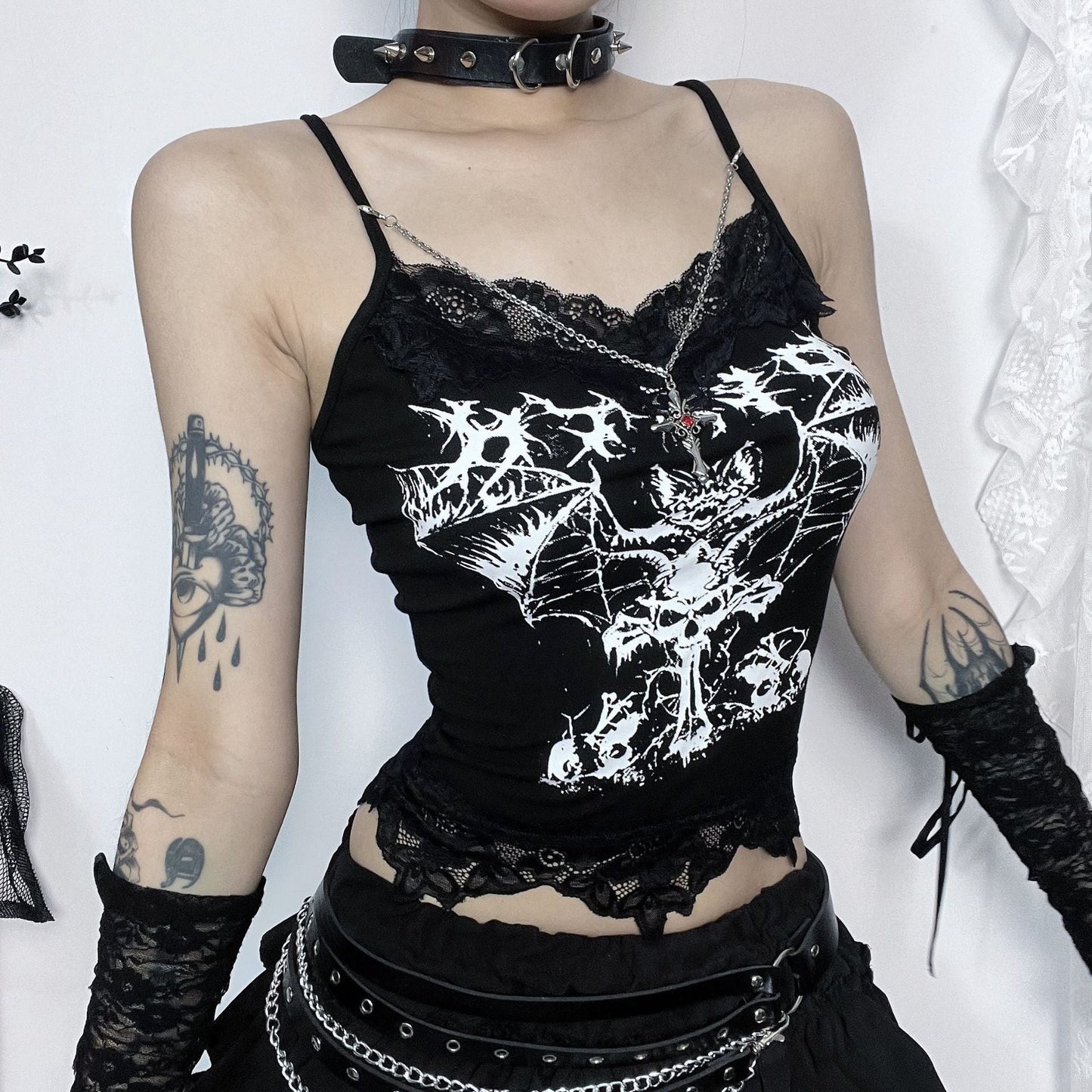 Letter Print Batwing Chain Strap Top Women