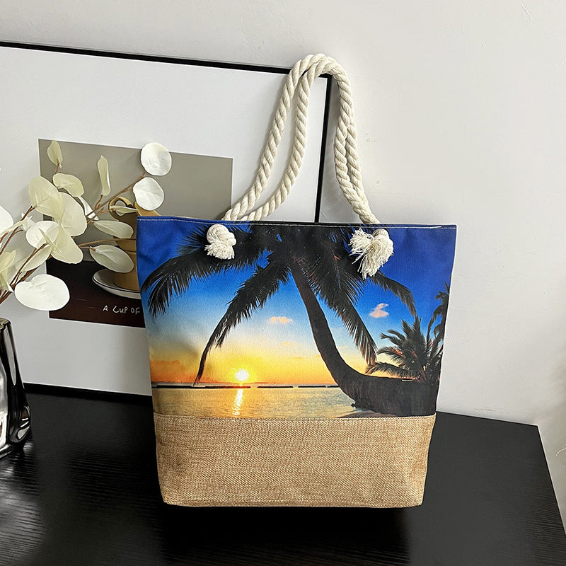 Large Capacity Digital Print Linen Beach Bag for Women