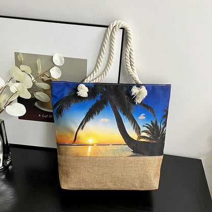 Large Capacity Digital Print Linen Beach Bag for Women