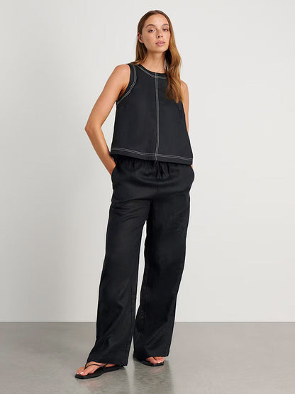 Linen Cotton Sleeveless Top and Wide-Leg Pants Casual Set
