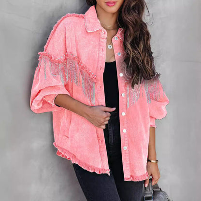 Street Fashion Studded Denim Jacket with Chain - Trendy Casual Outerwear