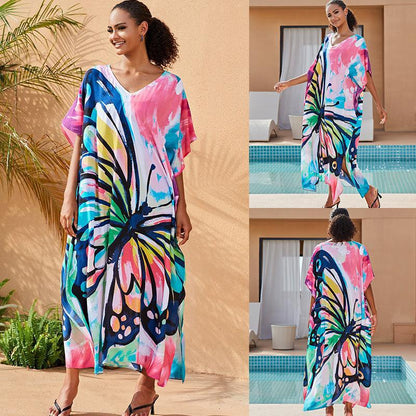 Cotton Watermark Printed Beach Blouses Robe-Style Holiday Sunscreen Blouses Bikini Blouses