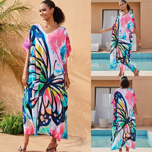 Cotton Watermark Printed Beach Blouses Robe-Style Holiday Sunscreen Blouses Bikini Blouses