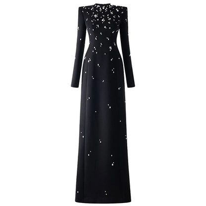 Elegant Beaded Long Sleeve Maxi Dress For Special Occasions