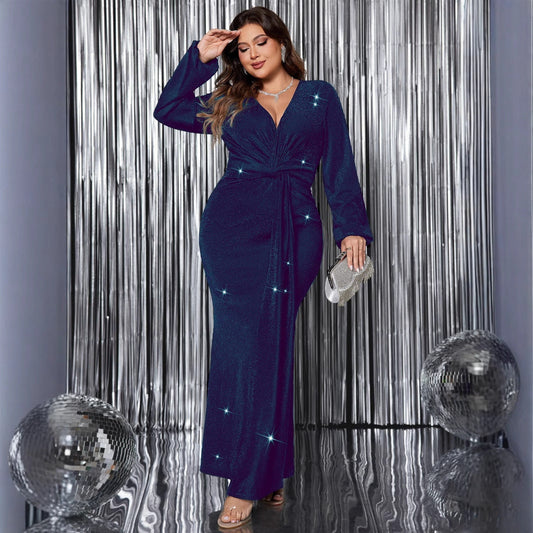 V-Neck Long Sleeve Evening Dress Elegant Mermaid Maxi Dress