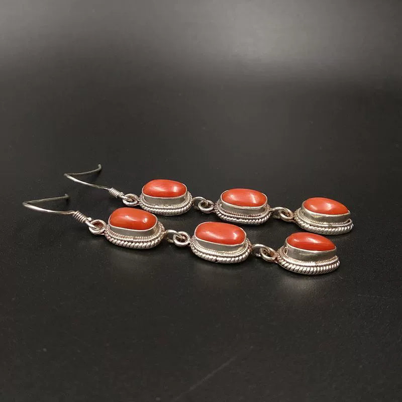 Niche Nepalese Style Handmade Jewelry Coral Stone Fashion Women'S Tibetan Style Personality Creative Retro Ethnic Style Earrings