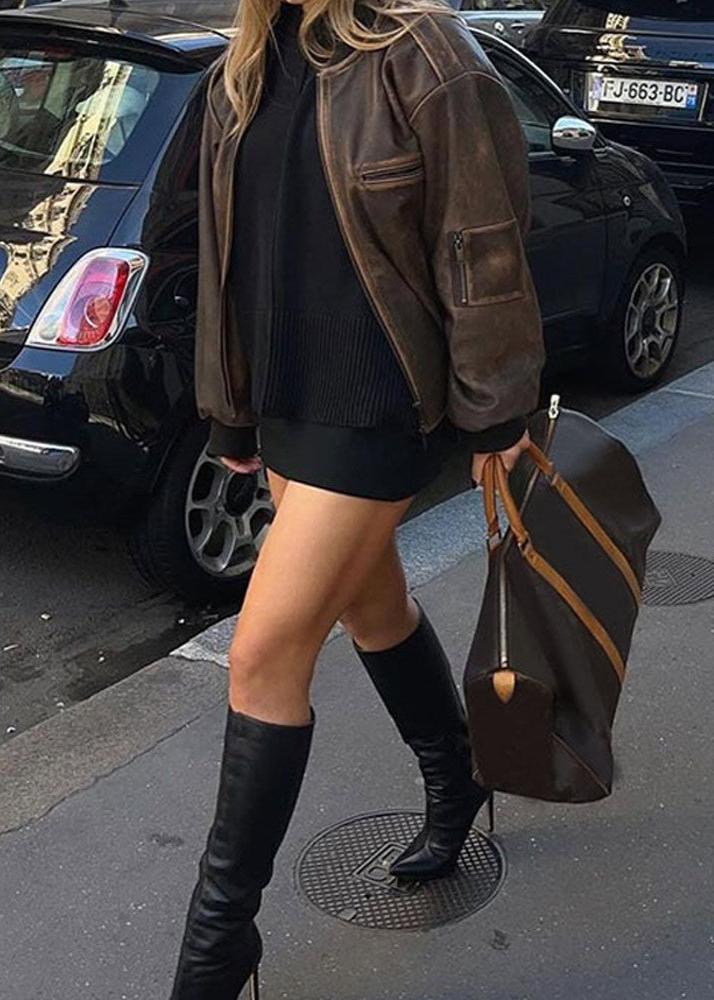 Faux Leather Bomber Jacket With Distressed Finish