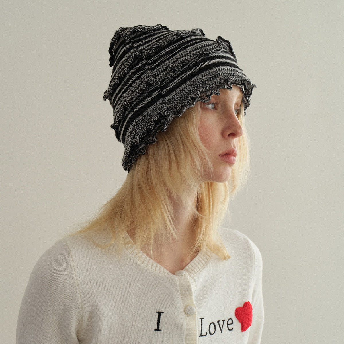 Striped Knitted Wool Blend Beanie Hat for Women