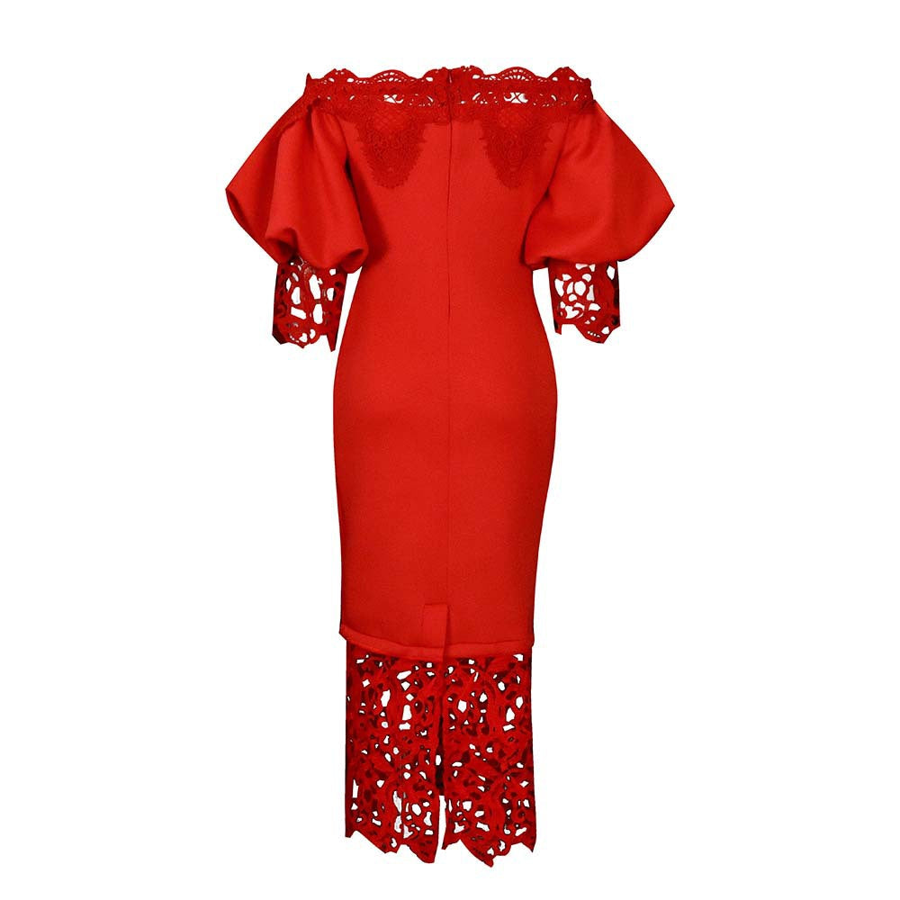 Off-The-Shoulder Lace Detail Pencil Dress With Lantern Sleeves