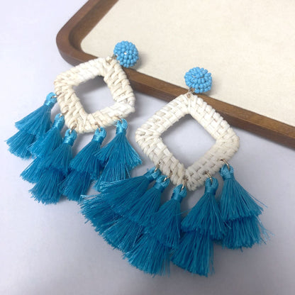 New Vintage Rattan Tassel Earrings Earrings Bohemian Handmade Raffia Earrings