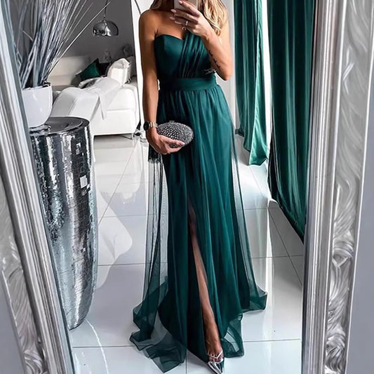 Chic Solid Color Maxi Dress With Deep V Neck