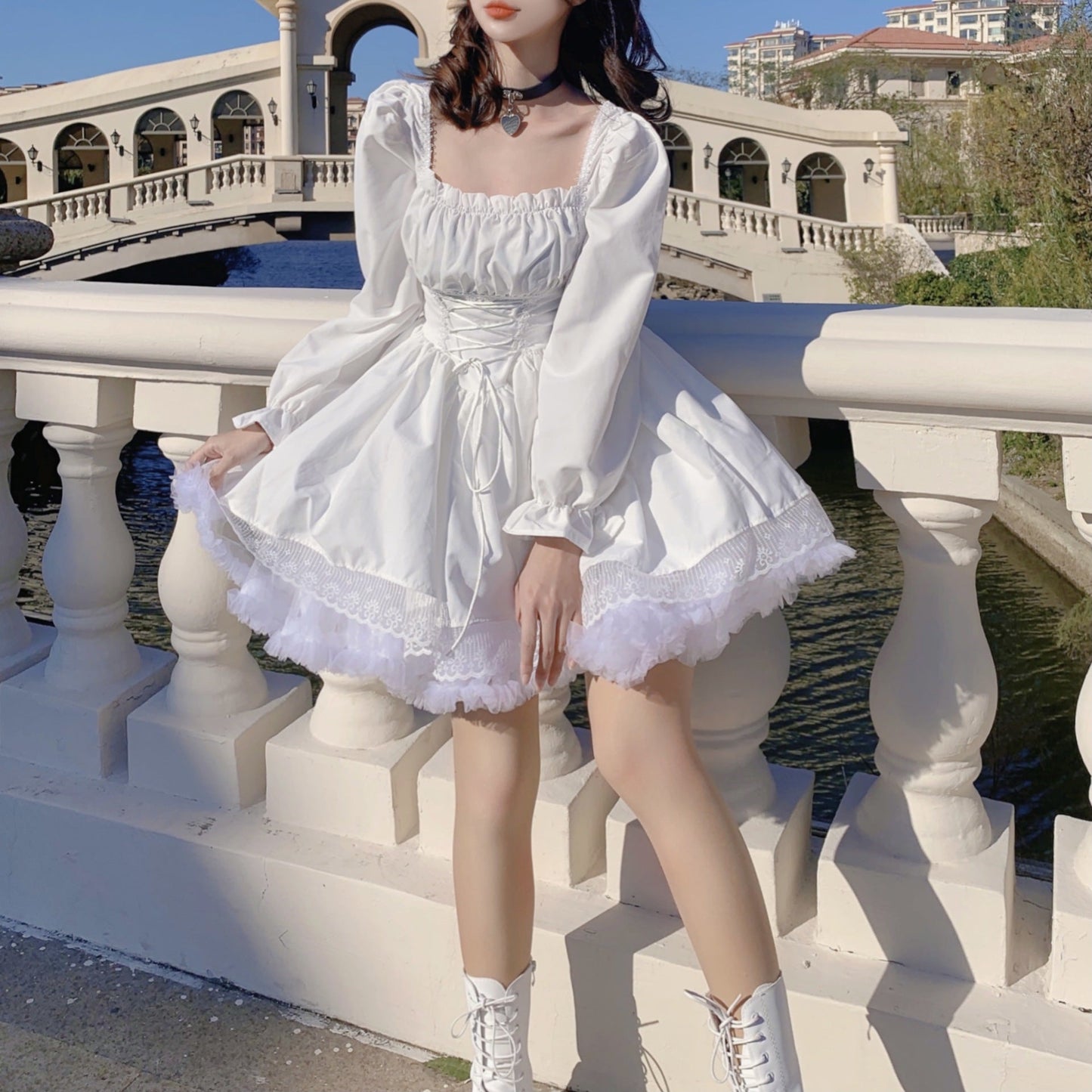 Summer Puff Sleeve Princess Dress with Lace Details