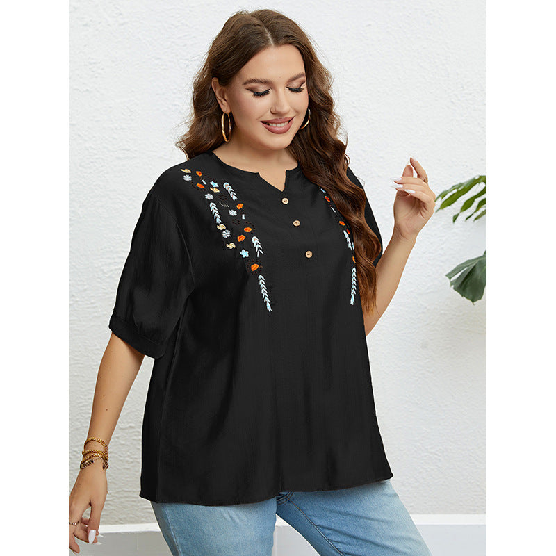 Casual V-Neck Embroidered Top in Almond Color